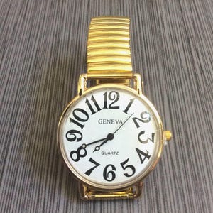 Reloj de oro para mujer de Ginebra, esfera blanca redonda con correa elástica de oro, reloj vintage nuevo sin usar.