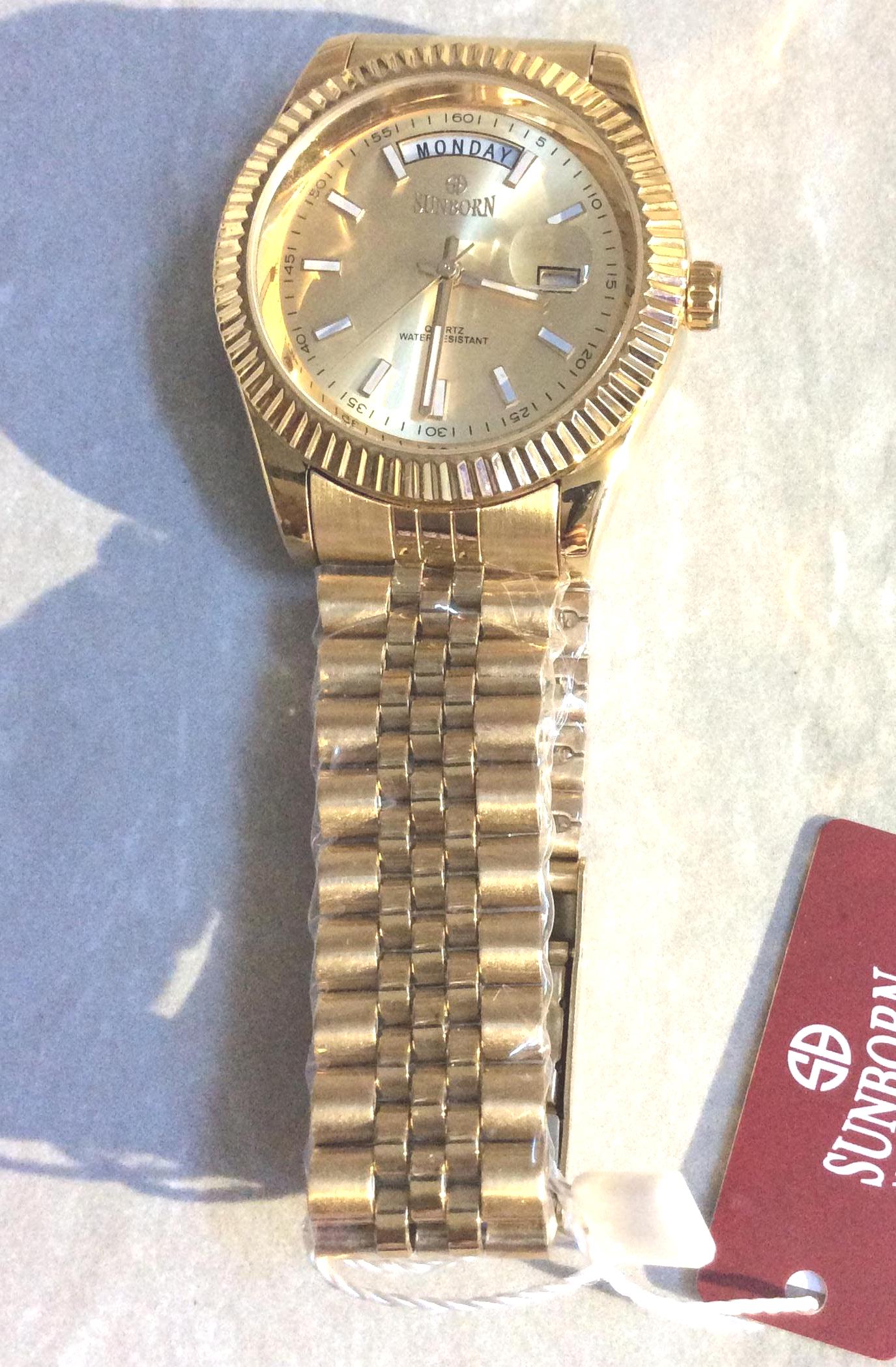 SUNBORN Men's Watch Round Gold Dial Displaying White Index Hours