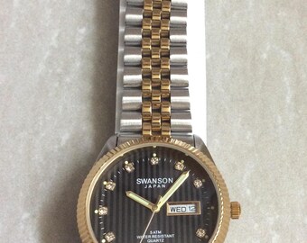 Vtg Swanson Men\'s Watch Round Date Black Dial Gold Tone Bracelet Band 25mm SWANSON Men main image 3