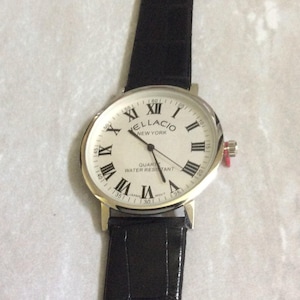 VELLACIO Men&#39;s Silver Watch Round Silver Dial Black Roman Numerals on a Black Leather Strap Band Unused Vintage New Watch!