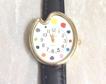 Finesse Women&#39;s Watch Colorful Paint Palette Round White Dial on Black Leather Band New Unused Vintage Item!
