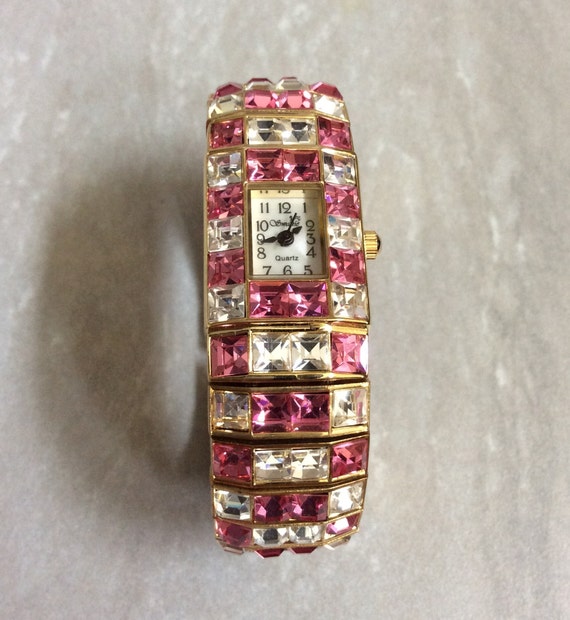 Geneva Pink & White Crystal Gold Bangle Watch New 