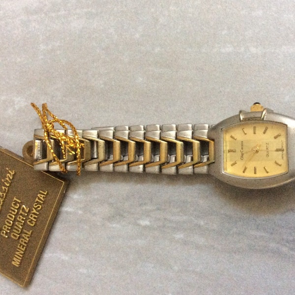 Oleg Cassini Women's Two-Tone Watch Rectangle Gold Dial on Two-Tone Unique Linked Band Unused Vintage New Watch!