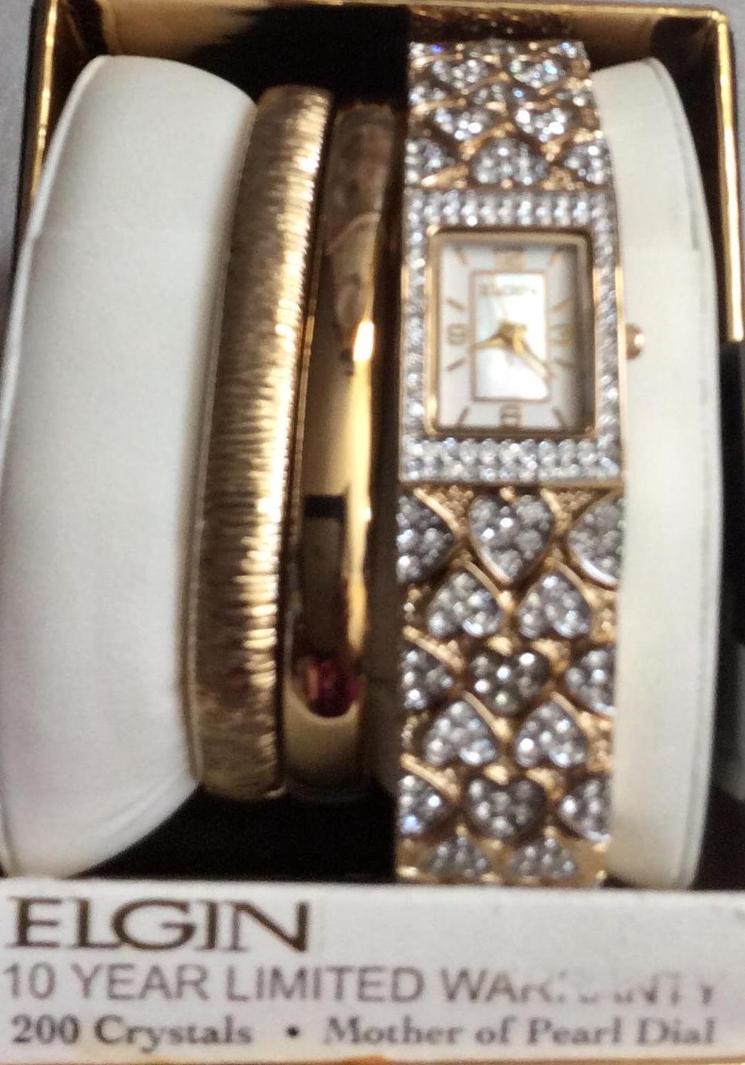 ELGIN Women's Gold Watch 200 Crystals Rectangle Pearl Dial Numbered ...