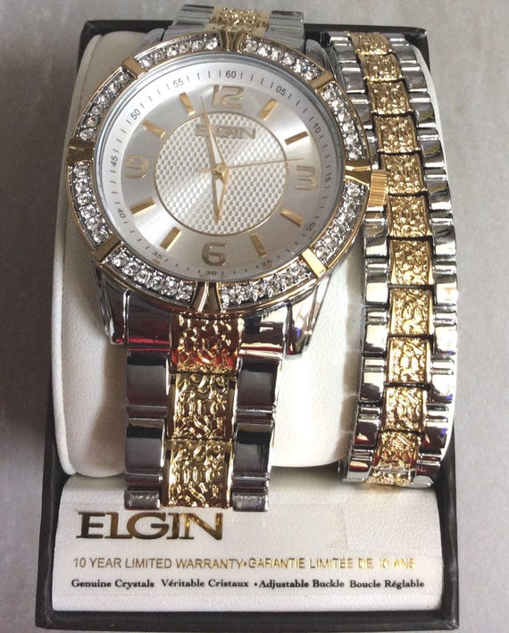 ELGIN Two-tone Crystal Men's Watch Matching Bracelet Set Round