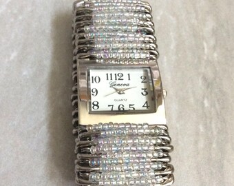 Geneva Silver Women's Watch Rectangle White Dial Arabic Numbered Hours on Handmade Beaded Safety Pin Stretch Band New Unused Vintage Item!