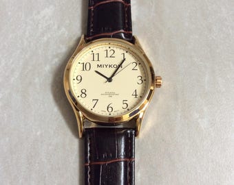 Miykon Men s Watch Waterproof 30M Having a Gold Case Square Gold Dial Black Numbered Hours on a Cherry Black Leather Band Unused New Vintage Etsy