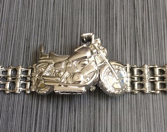 Men's Silver Motorcycle Watch on Bike Chain Linked Band Opens to a Silver Round Dial Arabic Numbered Hours Unique Biker's Watch New/Vintage!