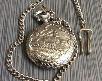 Milano Train Locomotive Silver Pocket Watch New Unused Vintage Item Round White Dial Black Arabic Hours, with Silver Chain Ready to Cherish!