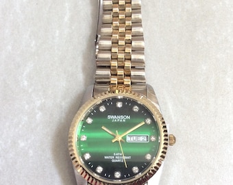 SWANSON Two-Tone Men's Watch Round Green Date Dial Crystal Hours on Two-Tone Linked Band New Unused Vintage Watch, Ready to be Cherished!