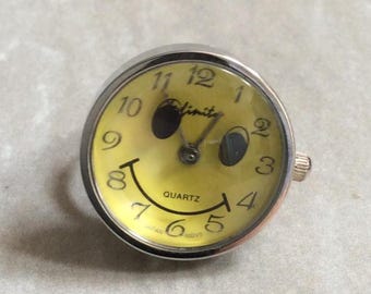 Women's Yellow Smiling Face Watch Ring Black Numbered Hours on a Silver Adjustable Ring Band New Unused Vintage Timepiece Awesome Beauty!