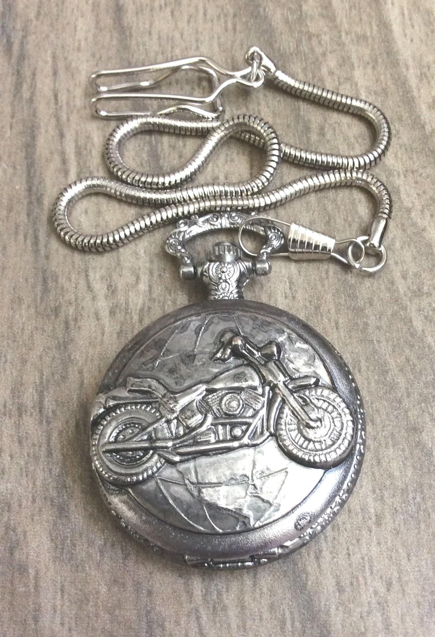 Geneva Silver Motorcycle Pocket Watch Round White Dial Black