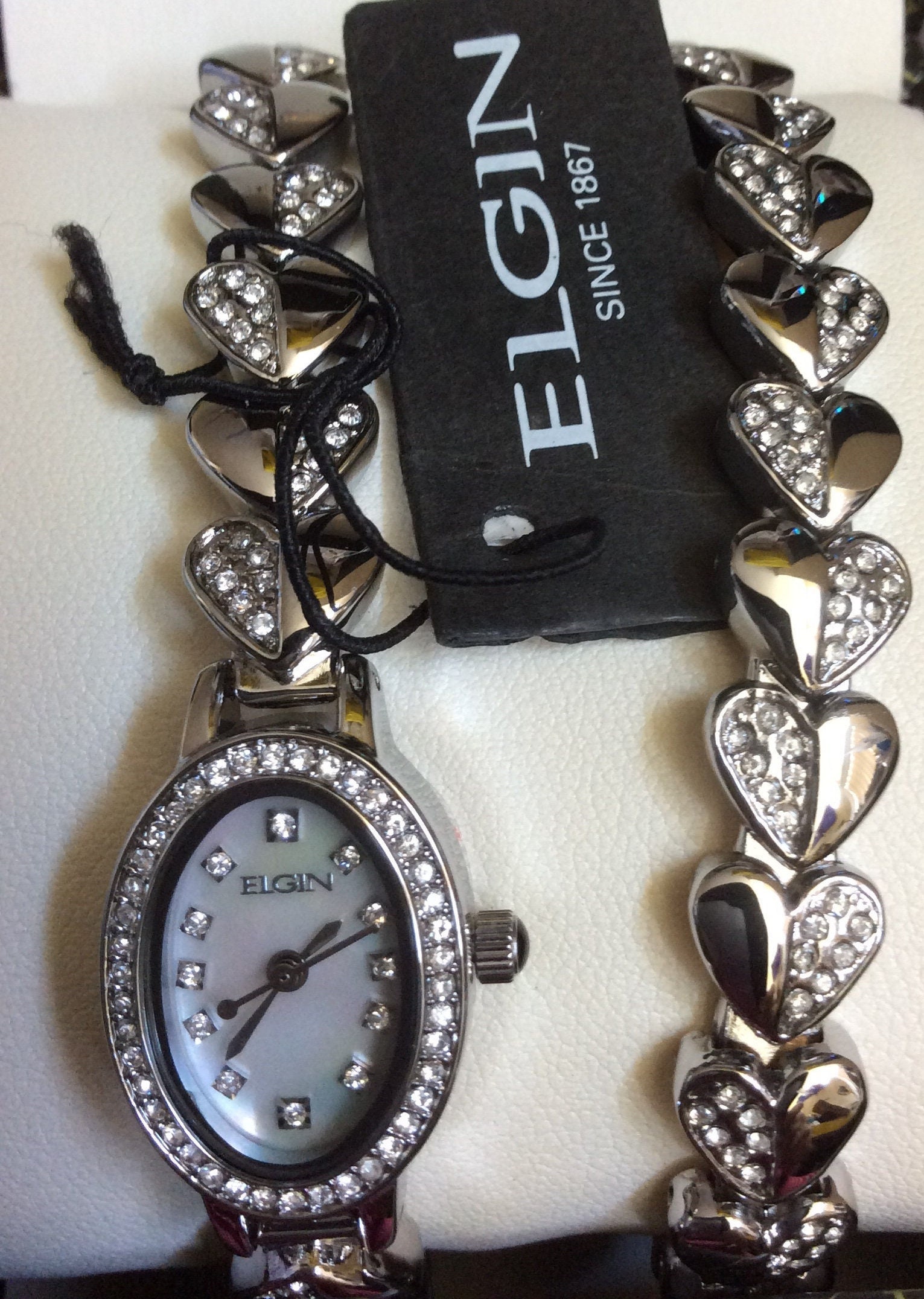 ELGIN Women s Crystal Heart Silver Watch and Matching Bracelet Set Brand New in Box Unused Vintage Item Ready to Cherish Enjoy Etsy Norway