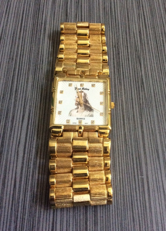 Reloj religioso para hombres Cuadrado Blanco Jesús Esfera en una banda  vinculada de oro Nuevo artículo listo para ser apreciado Nuevo reloj  vintage