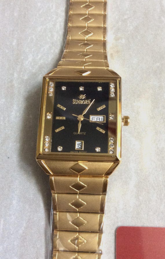 Gold Crystal Dress Watch: Rectangle Black Dial, Day/date  display picture 2