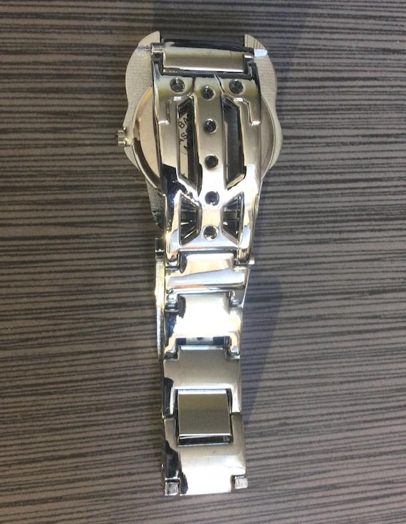 Silver Men's Skull Biker Watch Black Eyes Opens to a Black