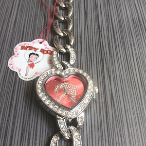 Betty Boop Crystal Heart Watch Red Betty Boop Dial on Silver Chain Bracelet Band, Vintage Still New!