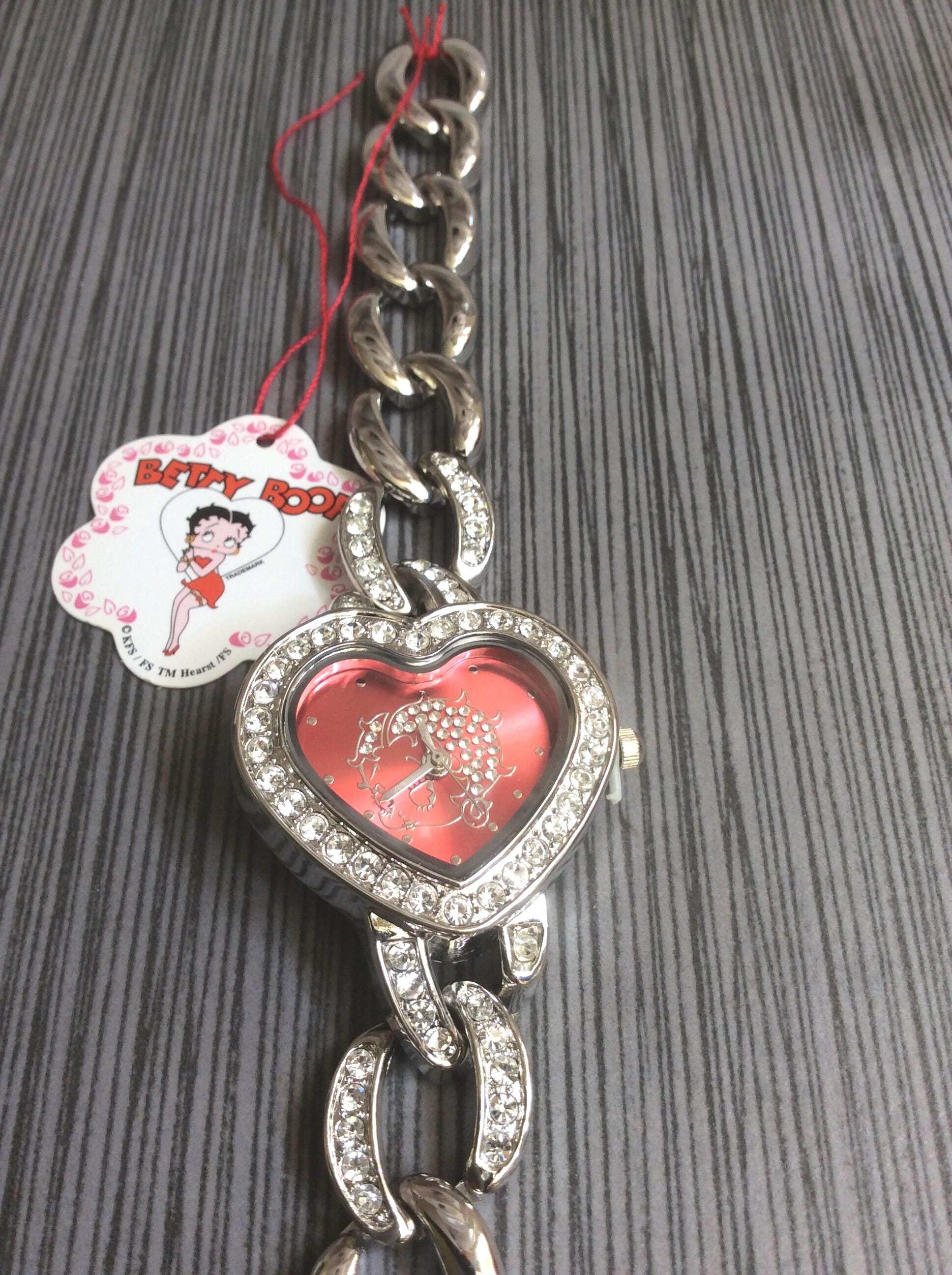 QUEENS BETTY-HEARTレザー フリンジ チャップス Betty Boop Crystal Heart Watch Red Betty Boop Dial on Silver Chain