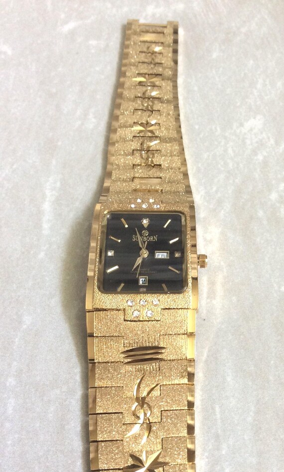Sunborn Mens Dress Crystal Watch Rectangle Black Dial Gold 