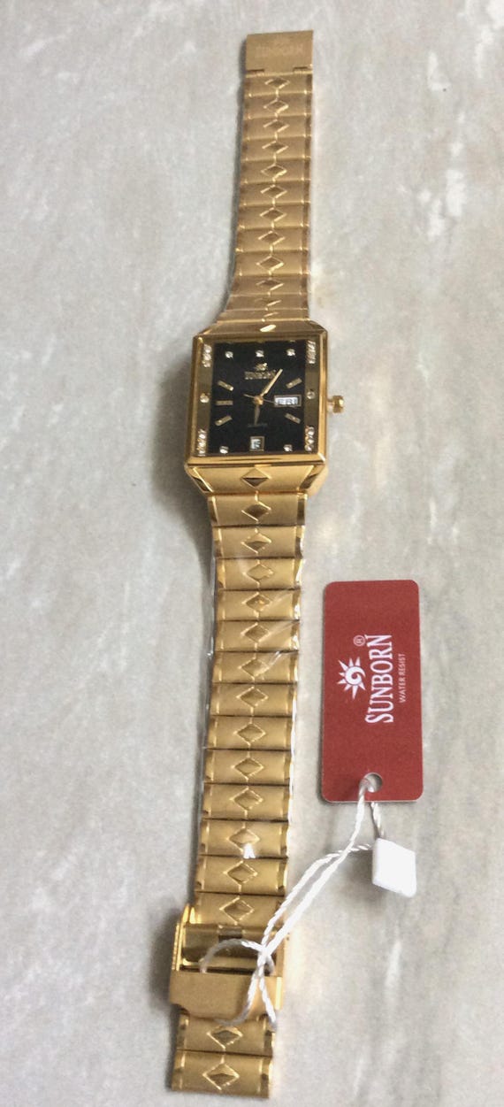 Gold Crystal Dress Watch: Rectangle Black Dial, Day/date  display picture 1