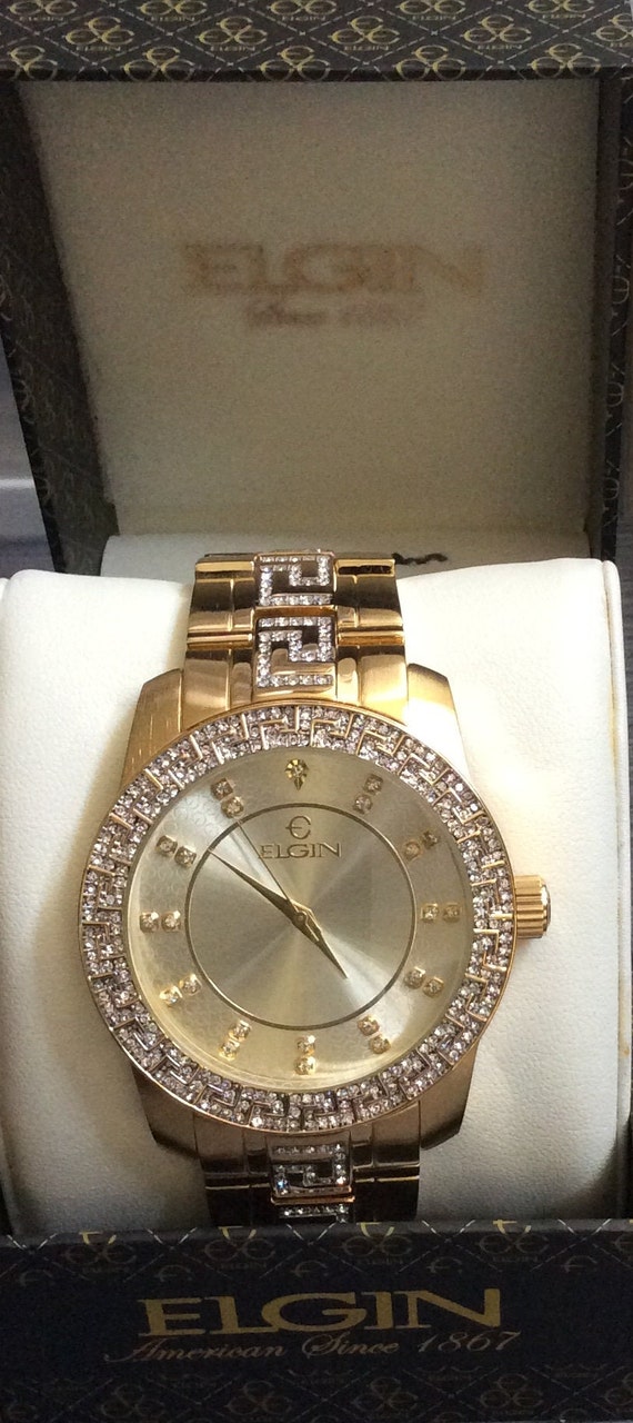ELGIN Men s Gold Crystal Watch Round Gold Dial Crystal Hour Markers on a Gold Crystal Band New in Box Unused Vintage Watch