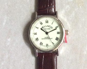 VELLACIO Silver Women's Watch Glow in the Dark Dial Roman Numeral Hour Markers on Brown Leather Band New Unused Reliable Beauty!