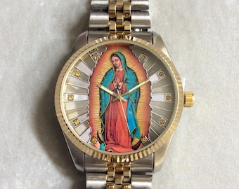 MIYKON Men's Religious Watch Round Silver Sunray Guadalupe Dial Gold Crystal Hour Markers on Two-Tone Linked Band New Unused Vintage WR 30M!