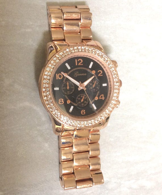 Classic Geneva Rhinestone Black & Rose Gold Watch Classic Geneva Rhinestone Black & Rose Gold Watch - Etsy main image 4