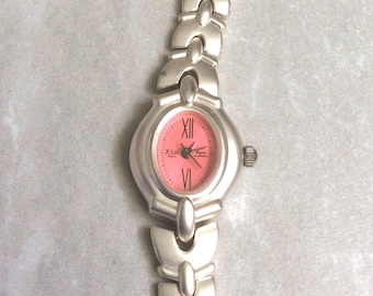 Kish Waterproof Women's Silver Watch Oval Pink Dial Roman Numeral Hours on Silver Linked Band Unused  Still New Vintage Item!