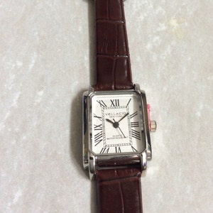 VELLACIO Women's Silver Watch Rectangle Silver Dial Roman Numeral Hours on a Brown Leather Band New Unused Vintage Watch!