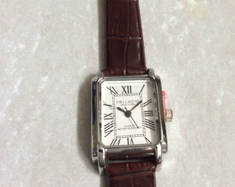 VELLACIO Women's Silver Watch Rectangle Silver Dial Roman Numeral Hours on a Brown Leather Band New Unused Vintage Watch!