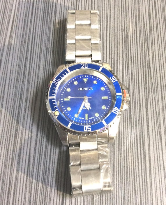 Genf Herren Silber Blau Uhr Rundes blaues Zifferblatt auf Silber