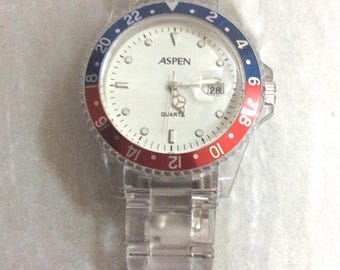 ASPEN Men's Watch Pepsi Red & Blue Bezel with a Round White Date Dial Unique Hours on Clear Linked Band New Unused Vintage Timepiece!