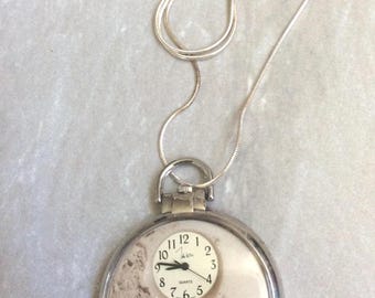 Women's Artistic Pocket Watch Pendant on an Silver Chain Necklace Round Beige Dial Arabic Hours Unused New Vintage Item Unique Item!