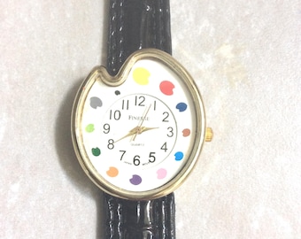 Finesse Women&#39;s Watch Colorful Paint Palette Round White Dial on Black Leather Band New Unused Vintage UNIQUE RARE Item!