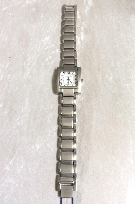 Finesse Women's Designer Watch Rectangle White Dial Roman Numeral Hours on Silver Linked Band New Unused Vintage Watch Beautiful! View 2