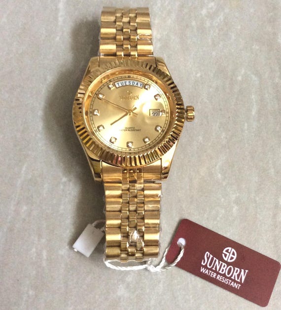 SUNBORN Gold Men's Dress Watch Round Gold Dial Crystal Hour Markers on a Gold Linked Band New Unused Vintage Item Ready to be Cherished!