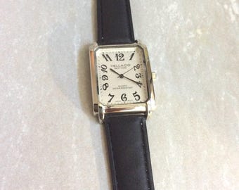VELLACIO Women's Watch Rectangle White Dial Black Arabic Numbered Hours on a Black Leather Band New Unused Vintage Watch Works Perfectly!