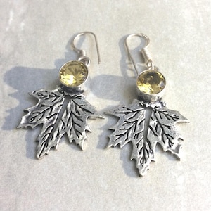 Silver Maple Leaf with Yellow Crystal Pierced Pierced Hook Earring Hand Made Beautifully!