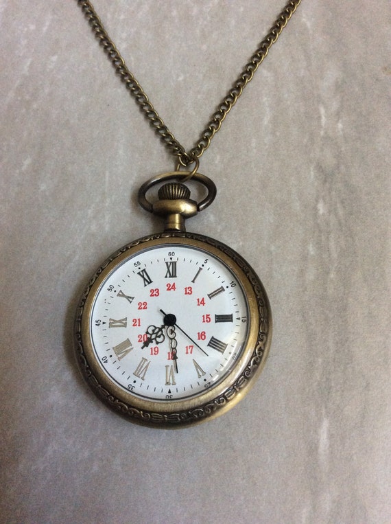 Antique Gold Pocket Watch on Chain Necklace Round 