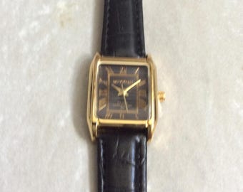 MIYKON Women's Watch Rectangle Black Accented Dial Gold Roman Numerals on Black Leather Band New Unused Vintage Watch Rated WR 30 Meters!