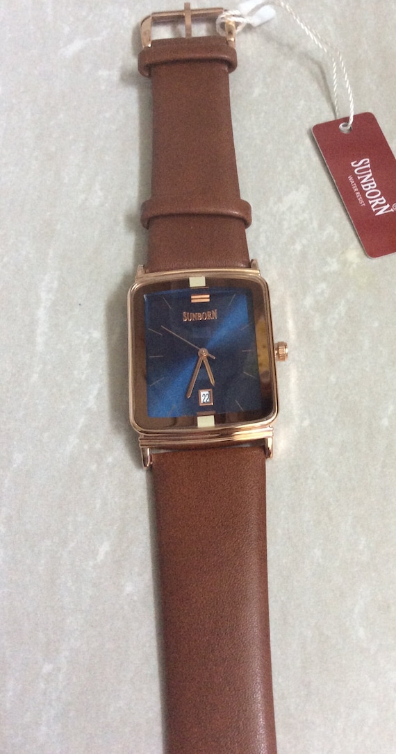 SUNBORN Rose Gold Men's Watch rectangle Blue Date 