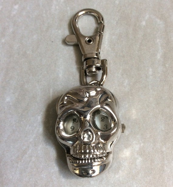 Silver Skull Watch Clip-on White Eyes & Dial Arab… - image 1
