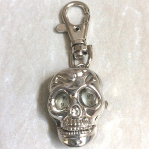 Silver Skull Watch Clip-on White Eyes & Dial Arabic Numbered Hours New Unused Vintage Item!