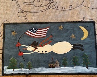 Rug hooking pattern, When Snowmen Fly, 18”x33”, Primitive, Snowman, Christmas, hooked rug patterns, patriotic, folk art, Flag, log