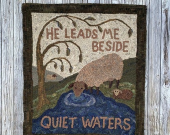 Rug hooking PATTERN, Quiet Waters, 35”x40”, 30”x34”, 24”x27.5”,Psalm 23, Primitive, sheep, Scripture, He leads me beside still waters, DIY