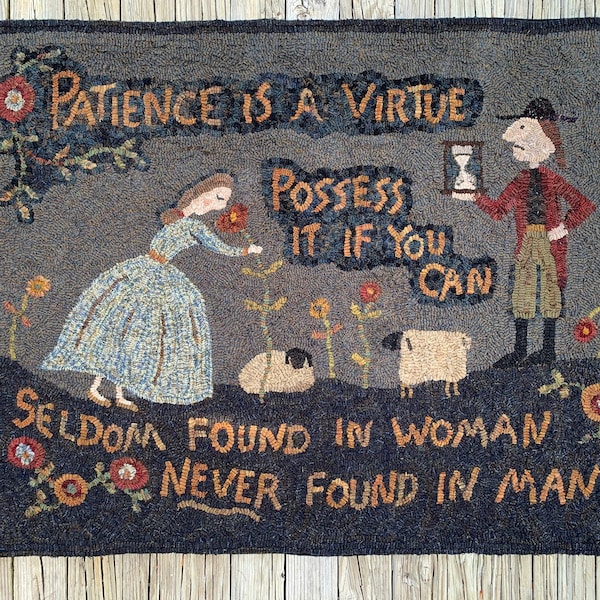 Rug hooking PATTERN, Patience is a Virtue, 36”x45.5”, Primitive, whimsical, humorous, hooked rug patterns, sheep, folk art, DIY, woman, man