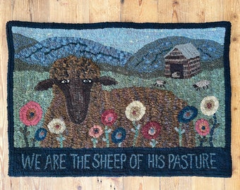 Rug Hooking PATTERN, Sheep of His Pasture, 27.5” x 39.5”, Primitive, Hooked rug pattern, sheep, log cabin, Scripture, Psalm 100, farm, lamb