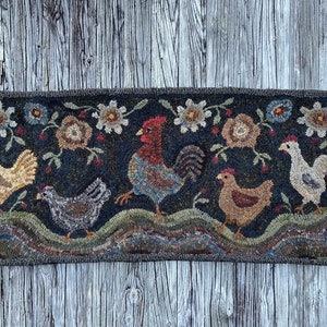 Rug hooking PATTERN, Chicken Stroll, 23”x54”, 17”x40”, Chicken, Rooster, Primitive, hooked rug patterns, whimsical, farm, animal, floral