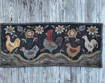 Rug hooking PATTERN, Chicken Stroll, 23”x54”, 17”x40”, Chicken, Rooster, Primitive, hooked rug patterns, whimsical, farm, animal, floral